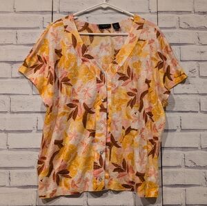 Tahari Women's Size XL 100% Linen Blouse Orange Pink Floral Button Front V-Neck